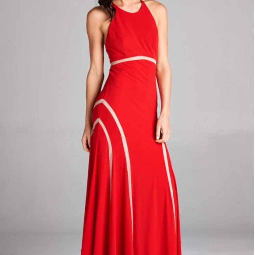 Maxi Dress Gown with Mesh Cut Out Detail